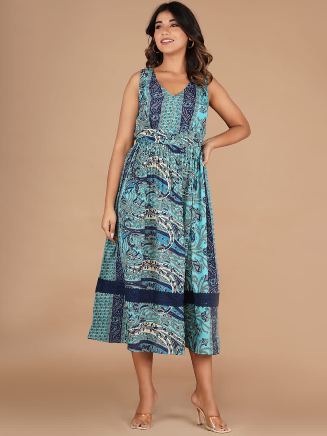 

AUTUMN LANE Printed V-Neck Sleeveless A-Line Midi-Length Ethnic Dress, Blue