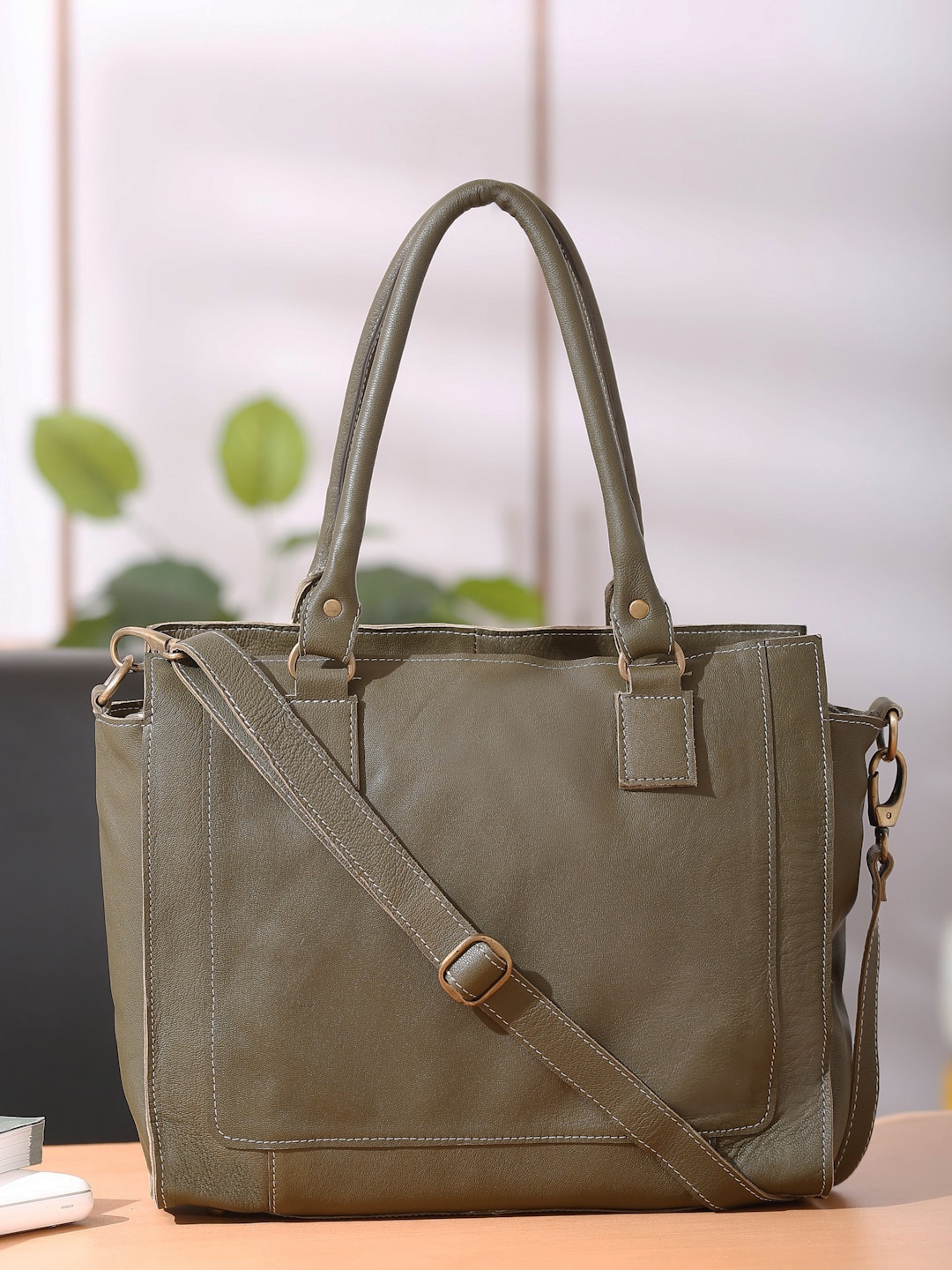 

Suvaska Leather Oversized Structured Handheld Bag, Olive