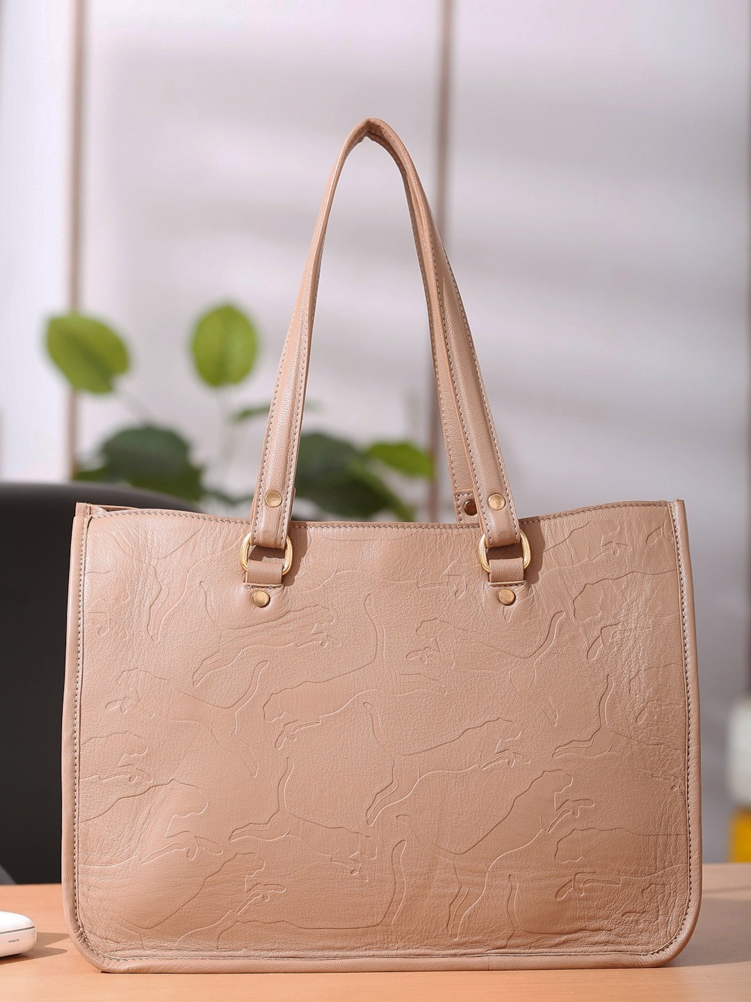 

Suvaska Leather Oversized Structured Handheld Bag, Beige