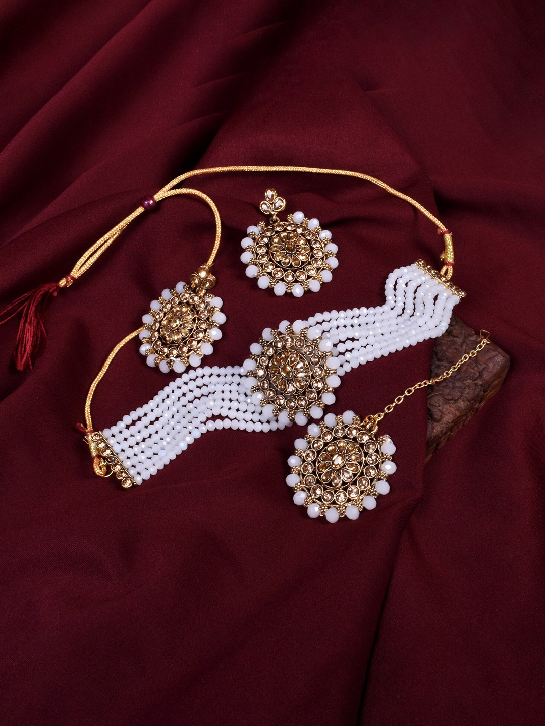 

STEORRA JEWELS Gold-Plated Kundan-Studded & Beaded Jewellery Set, White