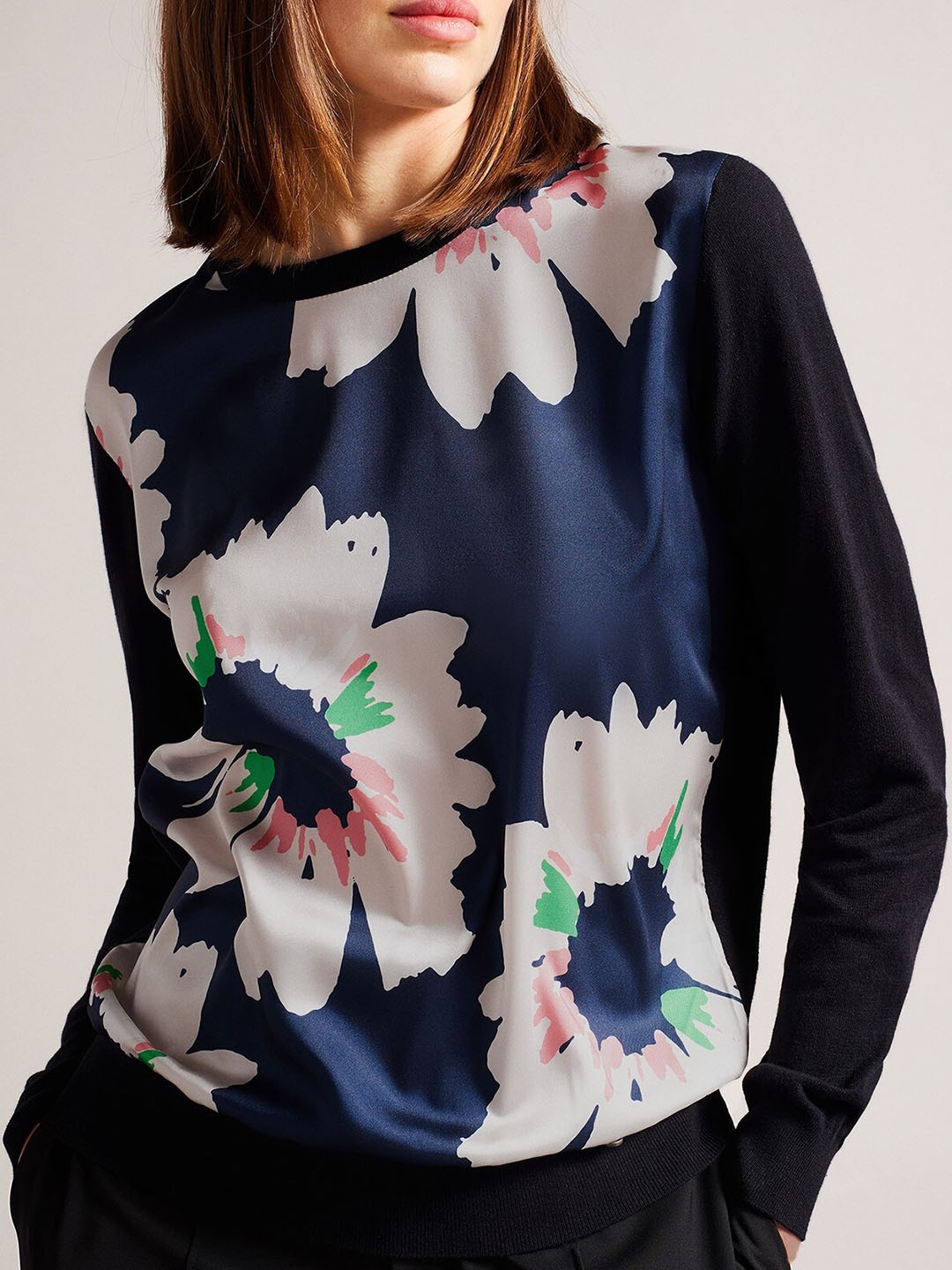 

Ted Baker Floral Printed Round Neck Cotton Pullover, Navy blue