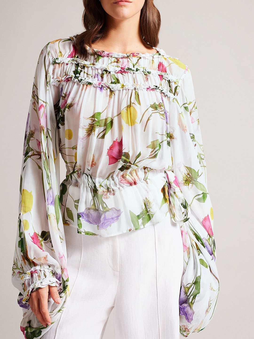 

Ted Baker Floral Printed Puff Sleeves Cotton Blouson Top, White