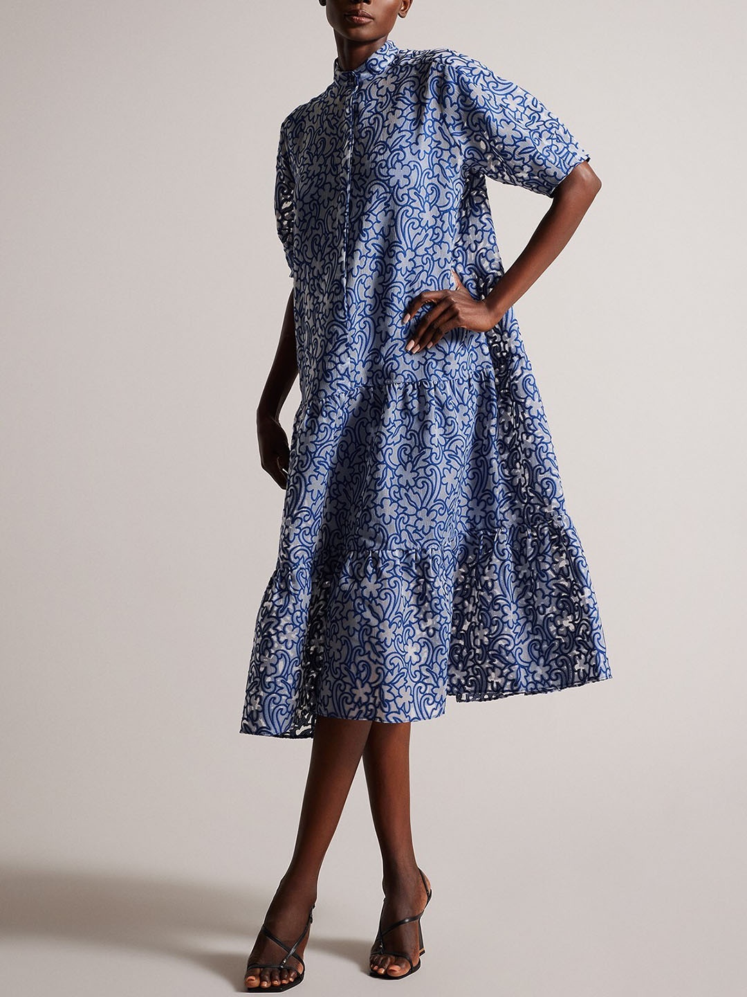 

Ted Baker Floral Printed Extended Sleeve Midi Cotton A-Line Dress, Blue