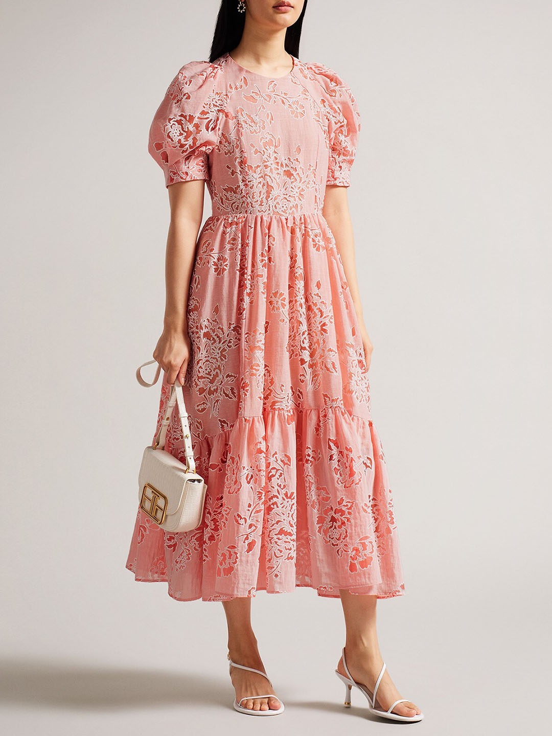

Ted Baker Floral Printed Puff Sleeve Linen Fit and Fare Dress, Peach