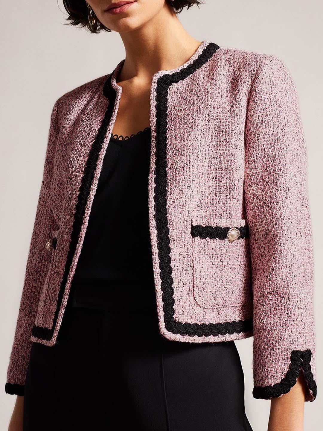 

Ted Baker Self design Crop Open Front Jacket with Patchwork, Pink