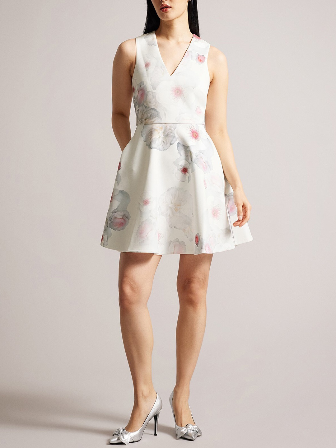 

Ted Baker V-Neck Floral Printed Cotton A-Line Dress, Cream