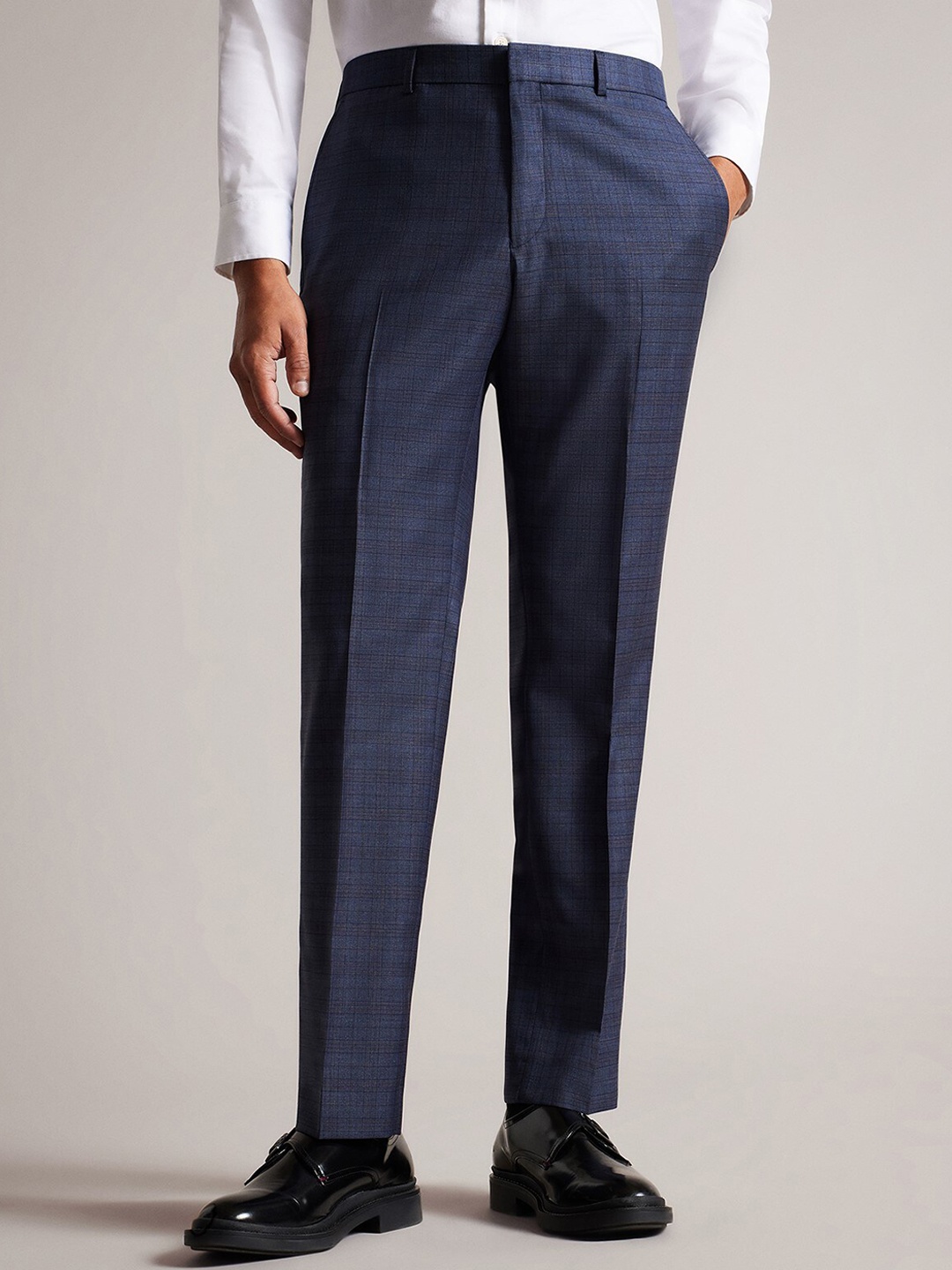 

Ted Baker Men Mid-Rise Checked Plain Wool Formal Trousers, Navy blue