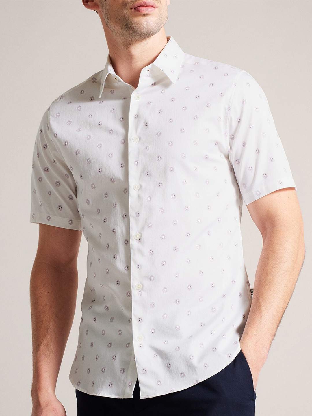 

Ted Baker Floral Printed Spread Collar Short Sleeves Cotton Casual Shirt, White