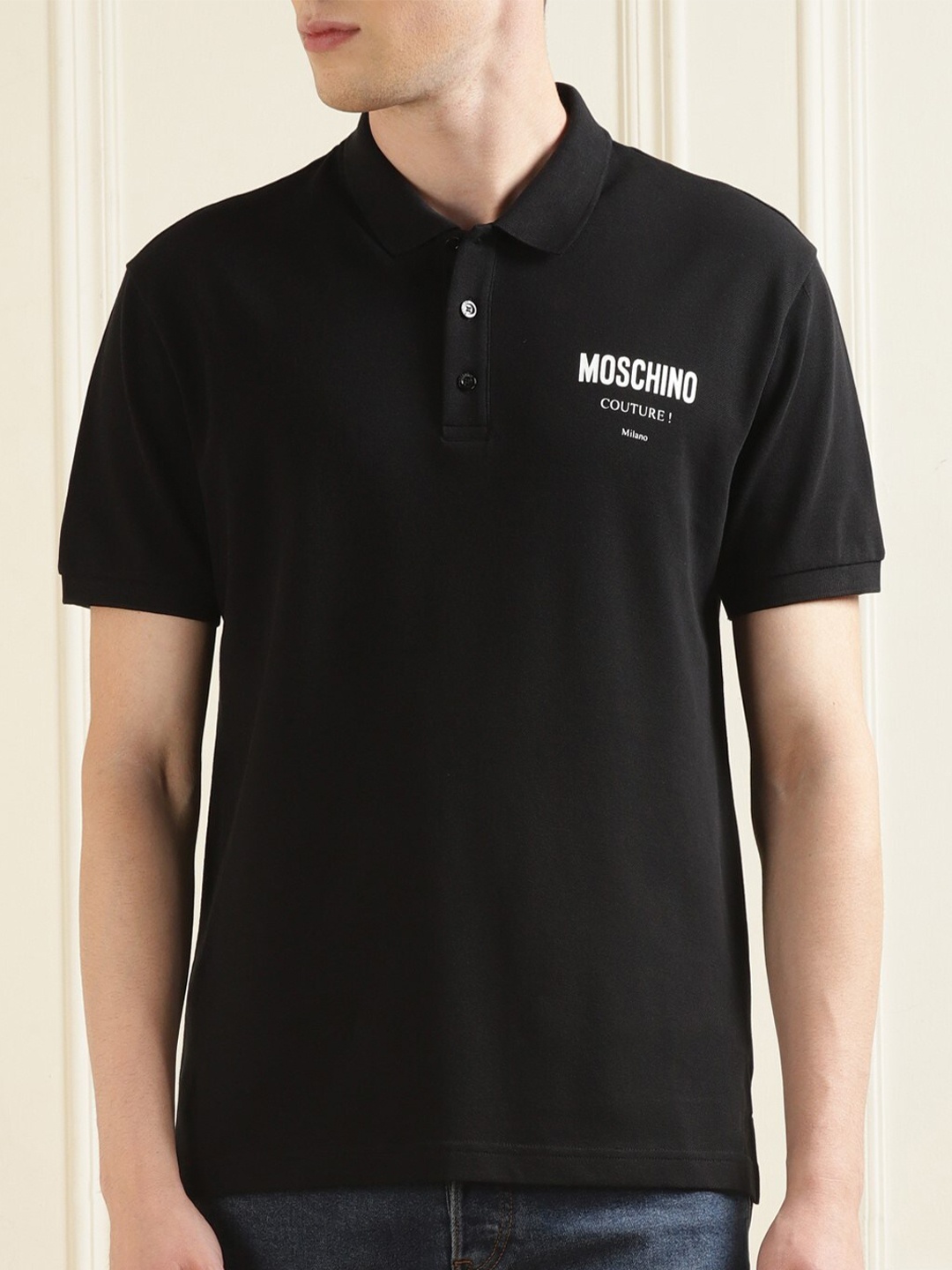 

MOSCHINO COUTURE Brand Logo Printed Polo Collar Pure Cotton T-shirt, Black