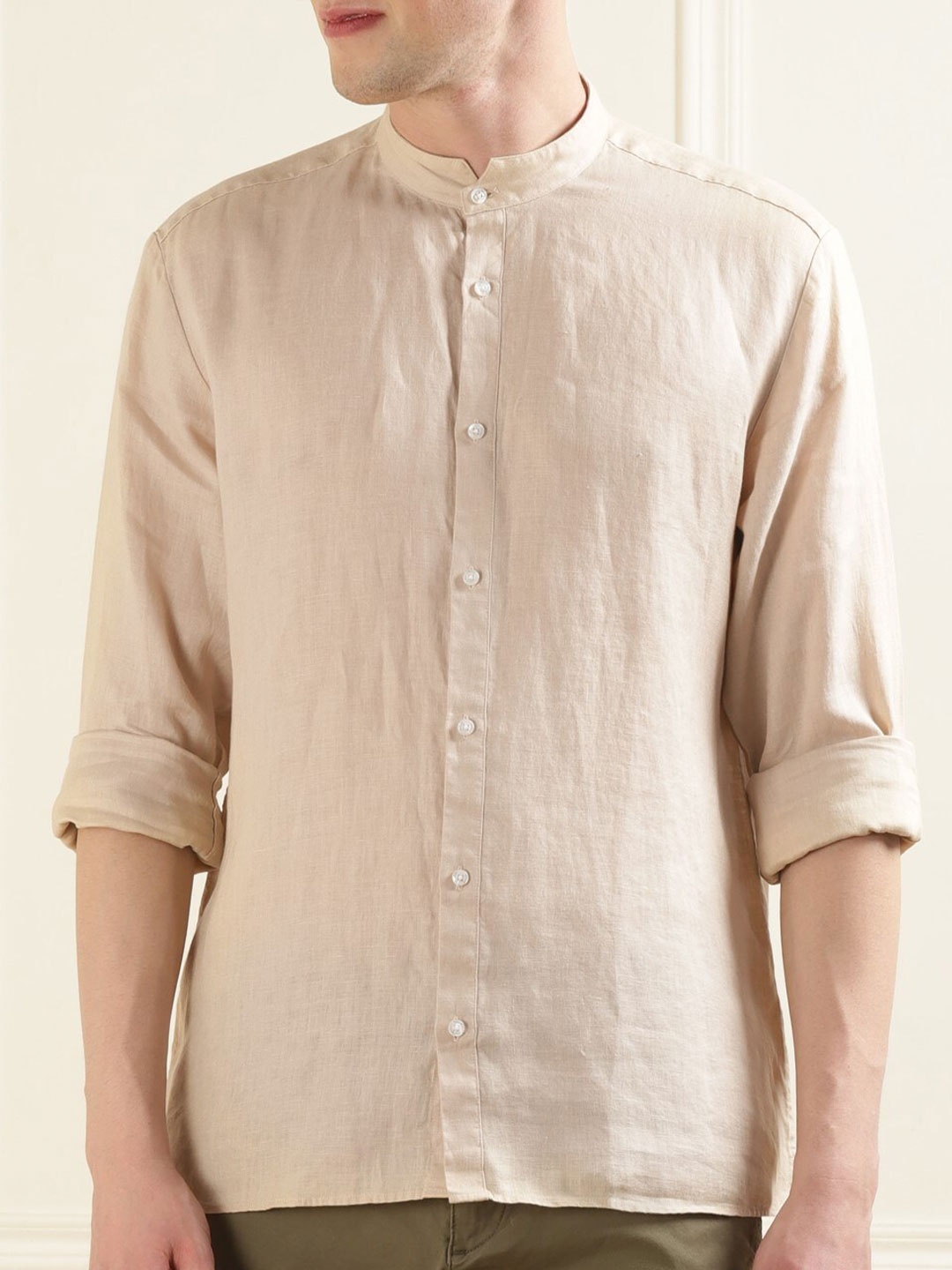 

HUGO Mandarin Collar Opaque Formal Linen Shirt, Beige
