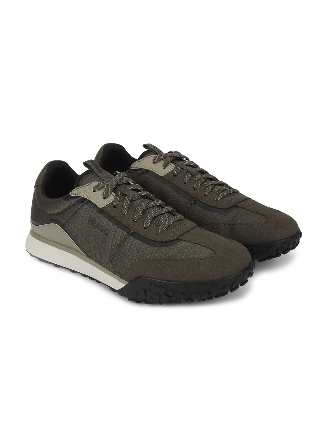 

HUGO Men Textured Comfort Insole Leather Contrast Sole Sneakers, Green