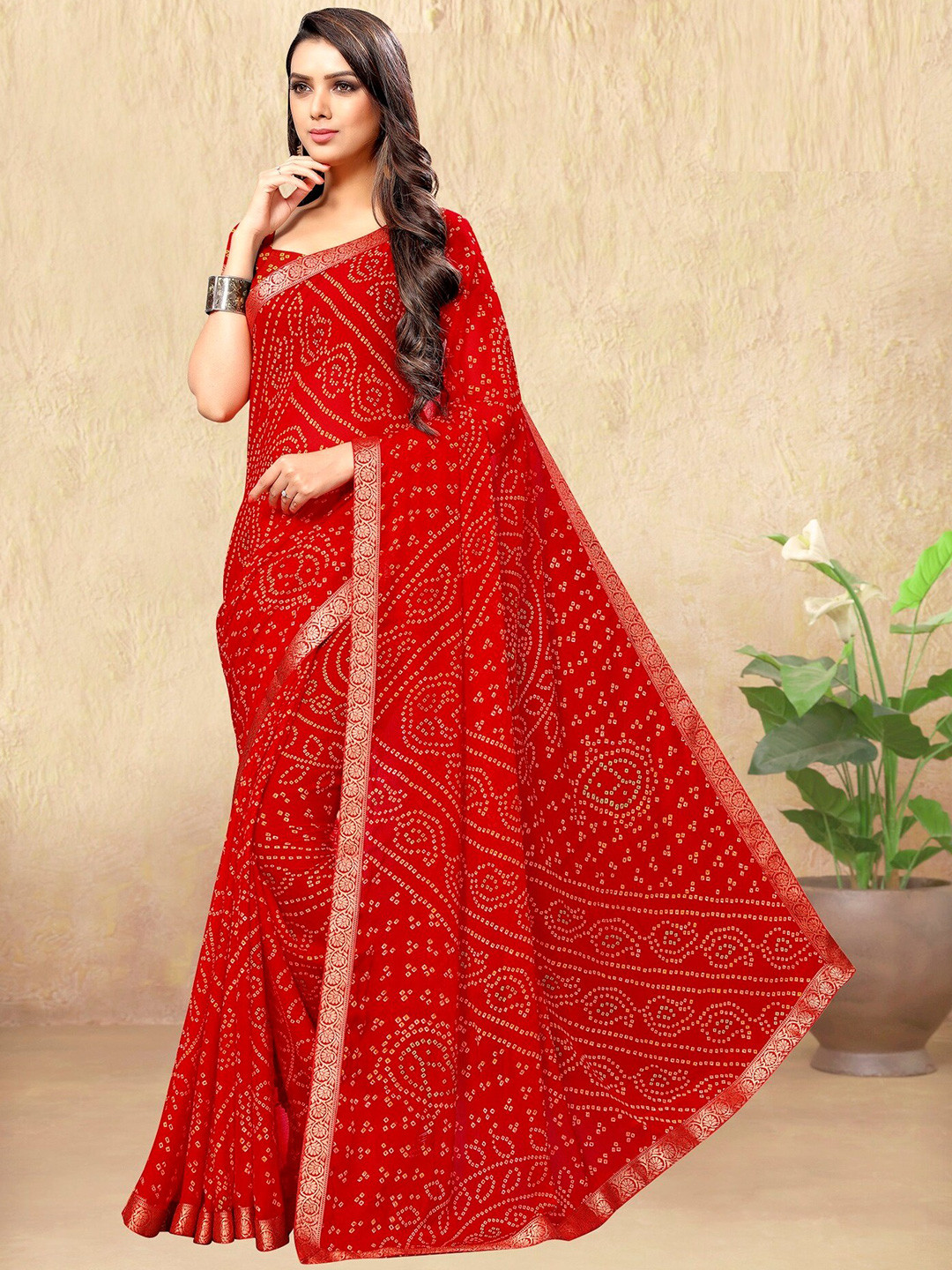 

Mitera Bandhani Pure Georgette Bandhani Saree, Red