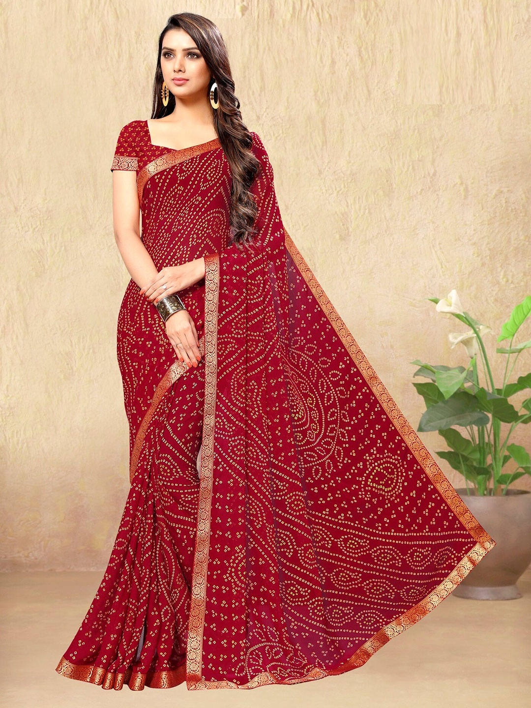 

Mitera Bandhani Pure Georgette Bandhani Saree, Maroon