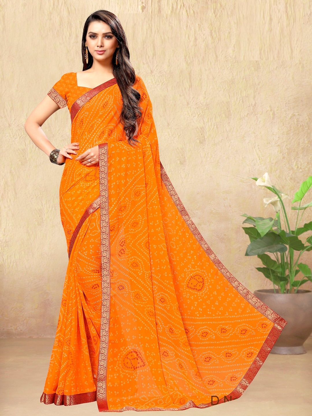 

Mitera Orange & Red Bandhani Pure Georgette Bandhani Saree