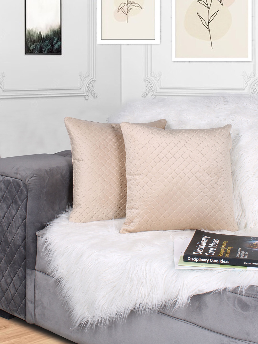 

STITCHNEST Beige 2 Pieces Velvet Square Cushion Covers