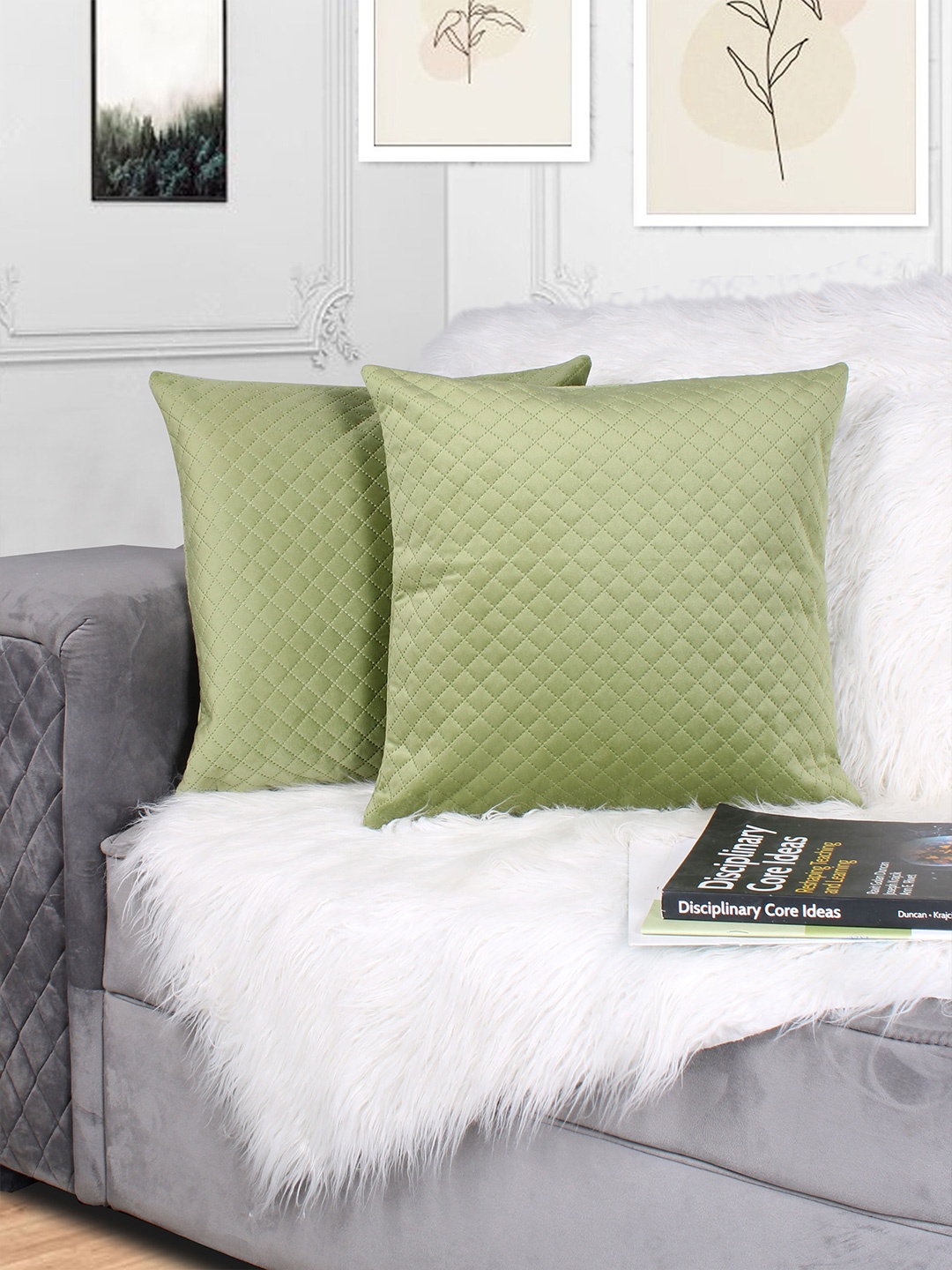 

STITCHNEST Green 2-Pieces Quilted Velvet Square Cushion Covers