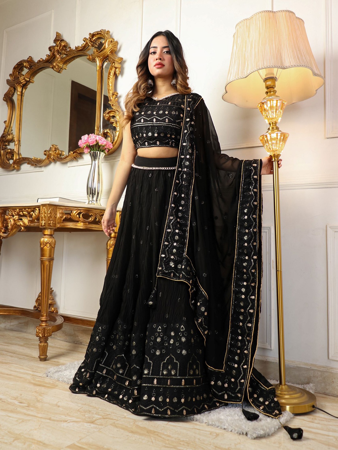 Virah Fashion Embroidered Sequinned Ready to Wear Lehenga & Blouse With Dupatta, Black