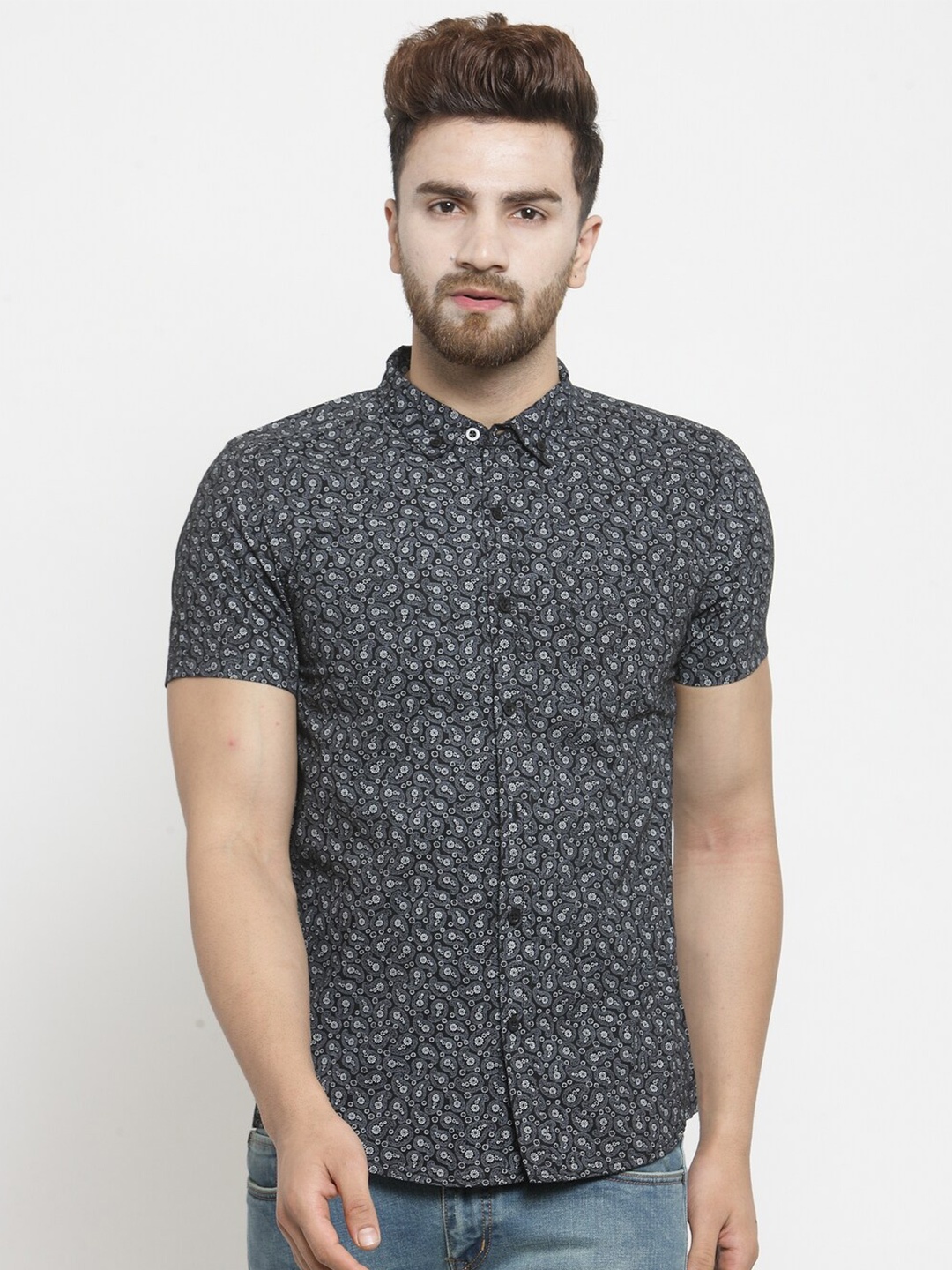 

WESTCLO Slim Fit Printed Button down Collar Cotton Casual Shirt, Grey