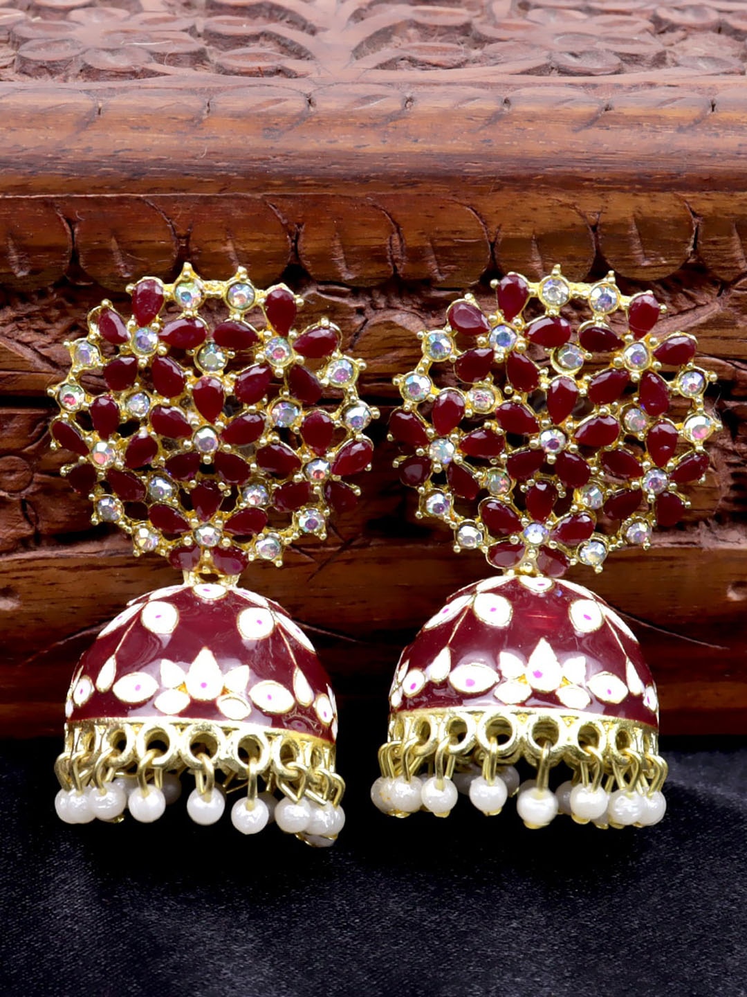 

Krelin Gold-Plated Meenakari Dome Shaped Jhumkas Earrings, Maroon