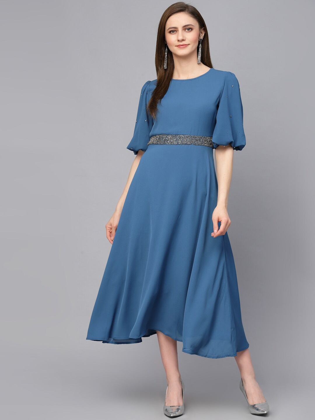 

Gipsy Round Neck Flared Sleeve A-Line Midi Dress, Blue