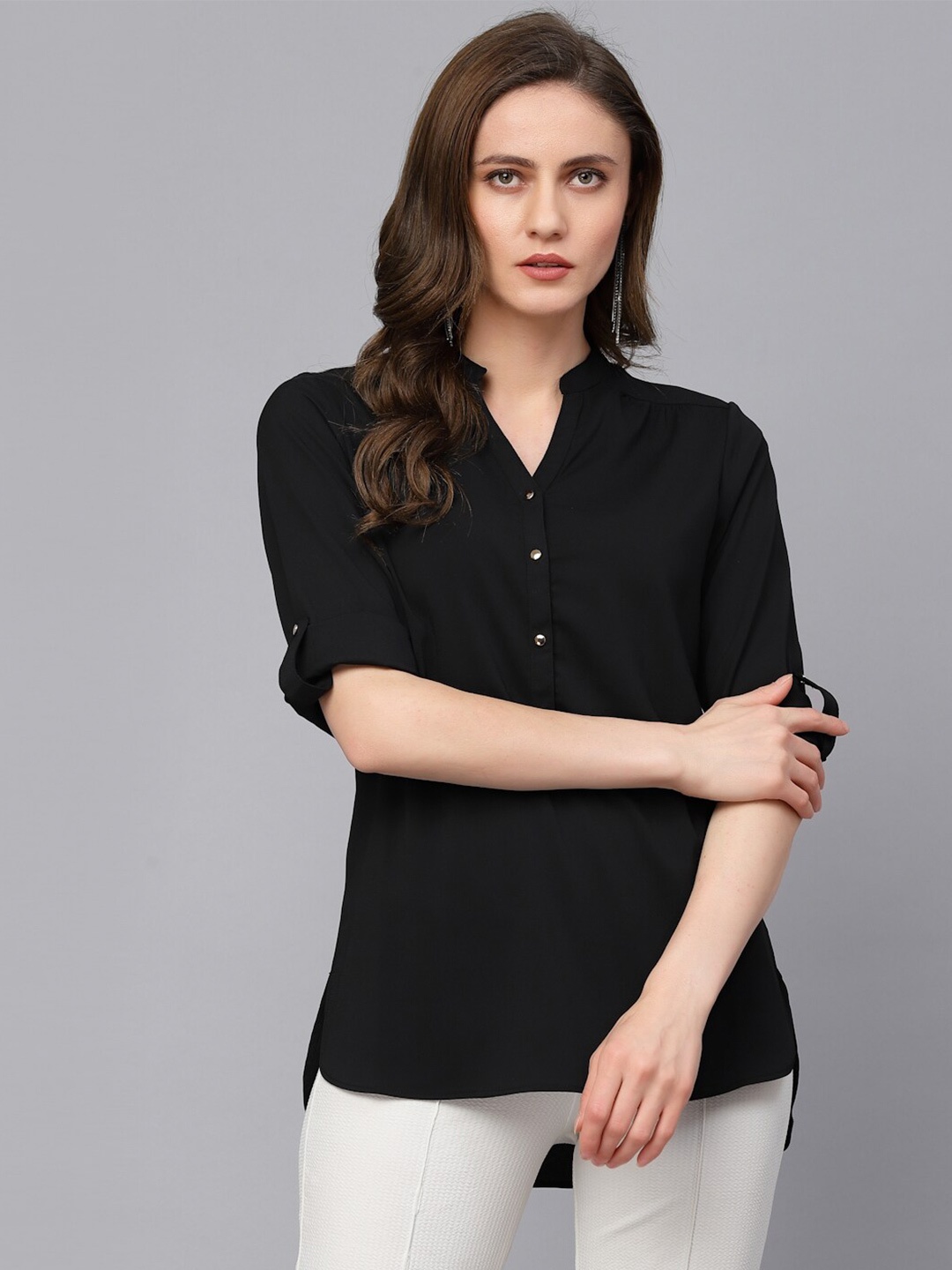 

Gipsy Mandarin Collar Roll-Up Sleeves Tunic, Black
