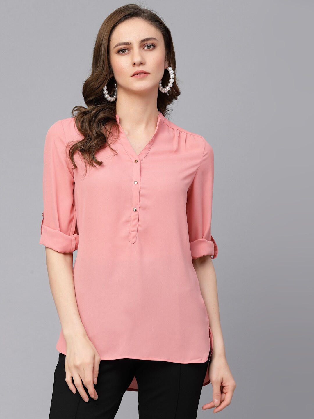 

Gipsy Mandarin Collar Roll-Up Sleeves Tunic, Peach