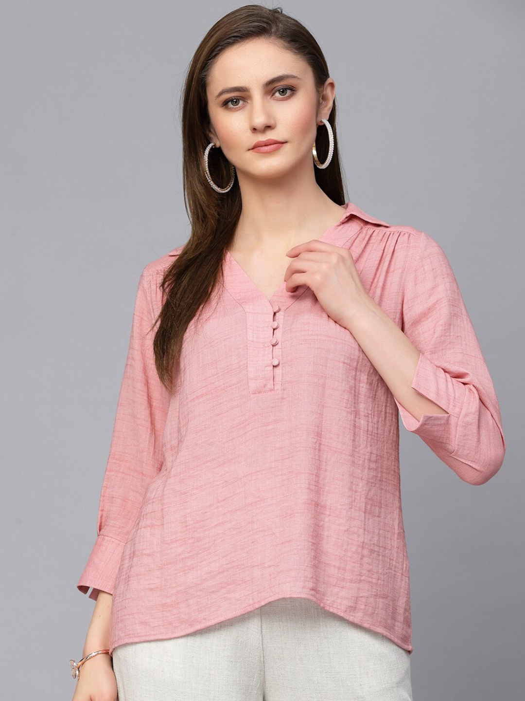 

Gipsy Shirt Collar Cuffed Sleeves Tops, Pink