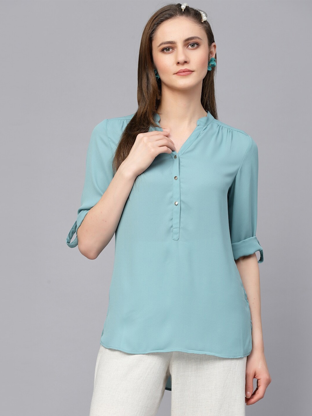 

Gipsy Mandarin Collar Roll-Up Sleeves Tunic, Blue