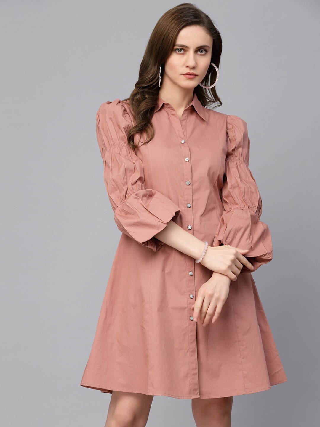 

Gipsy Shirt Collar Bell Sleeves Shirt Dress, Peach
