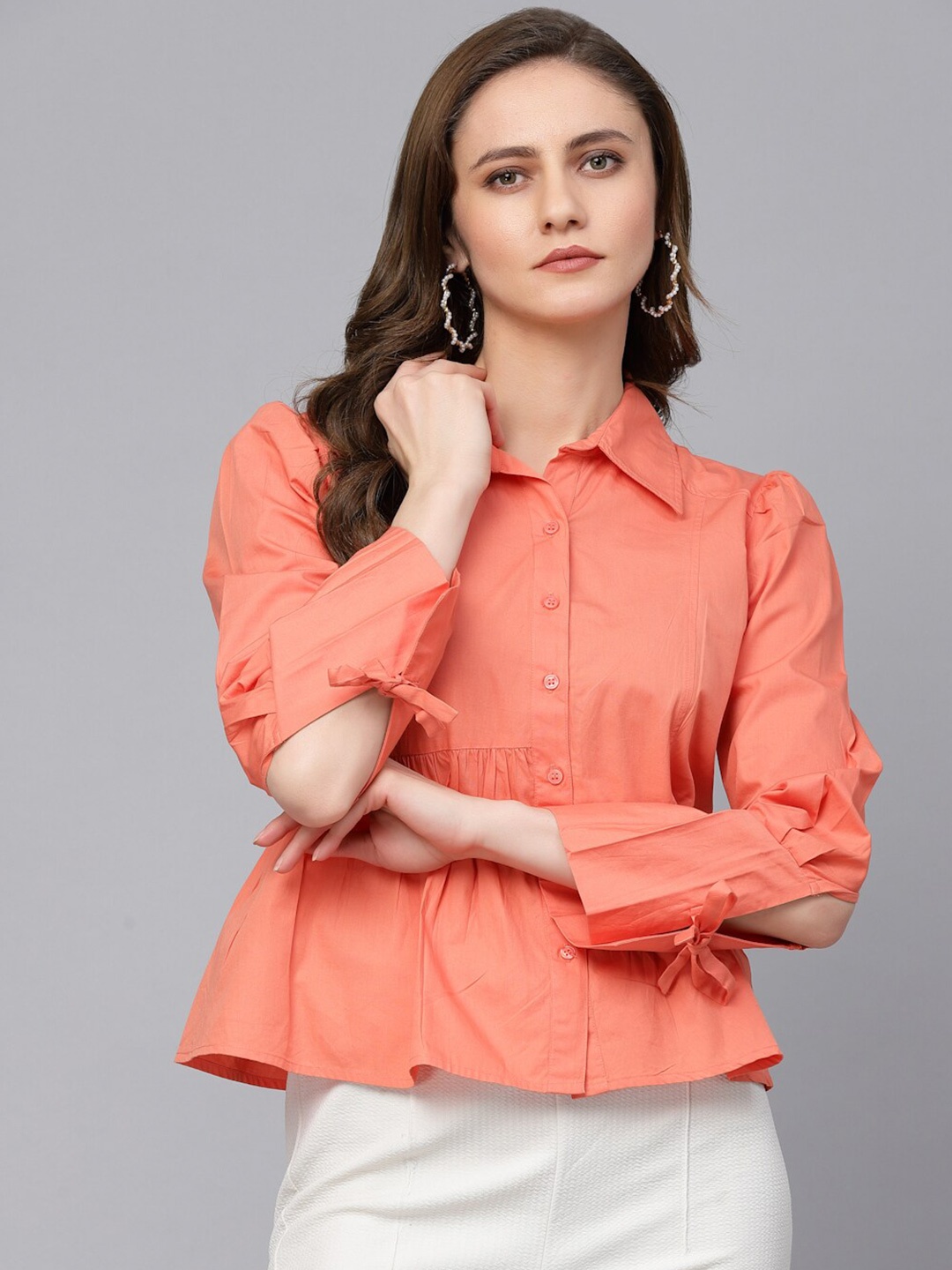 

Gipsy Shirt Collar Puffed Sleeves Shirt Style Top, Orange