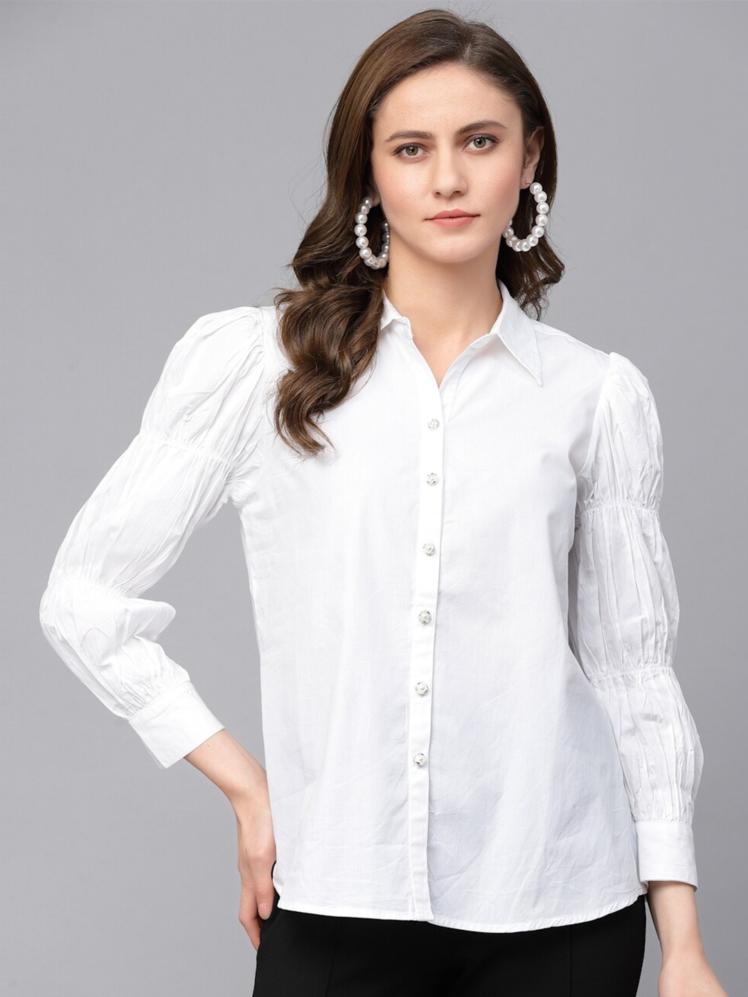 

Gipsy Spread Collar Puff Sleeves Cotton Casual Shirt, White