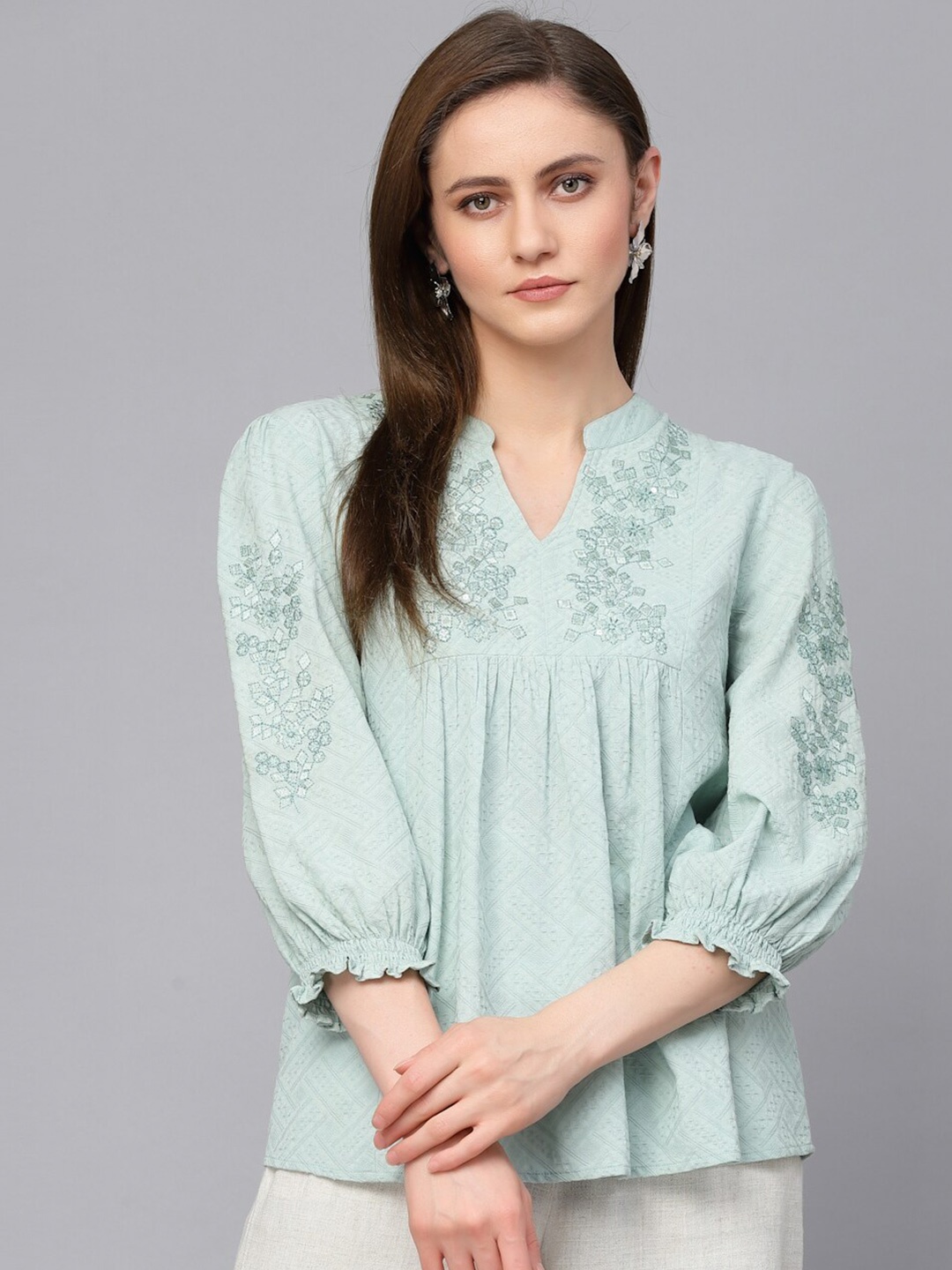 

Gipsy Mandarin Collar Puff Sleeves Embroidered Tops, Blue