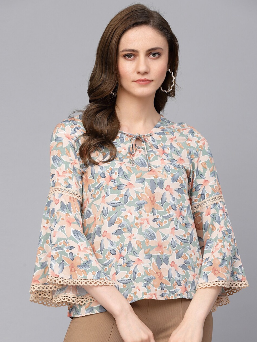 

Gipsy Bell Sleeve Floral Printed Top, Peach