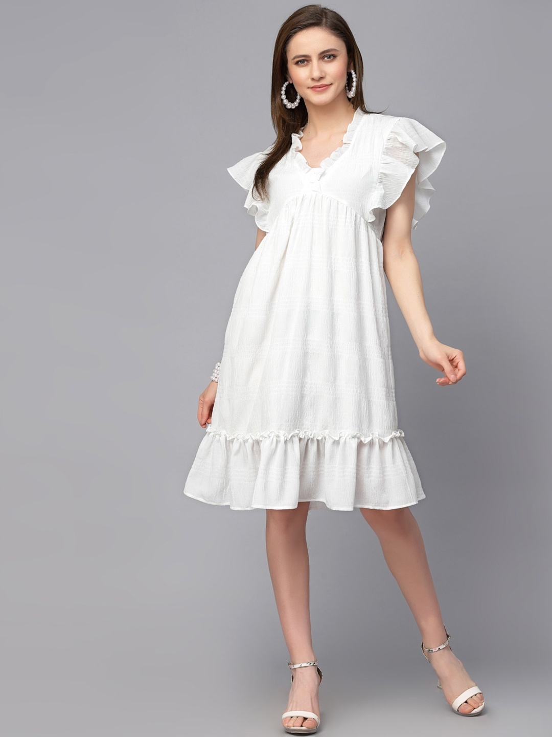 

Gipsy Flutter Sleeves Flounce Hem Empire Dress, White