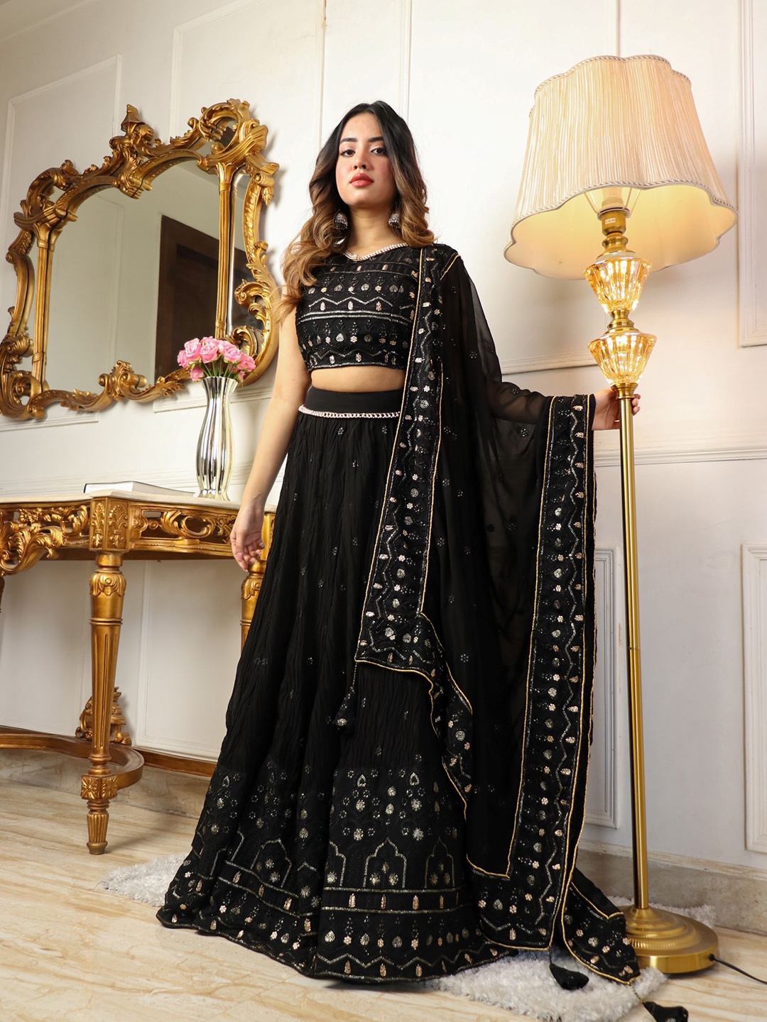 

Virah Fashion Embroidered Thread Work Ready to Wear Lehenga & Blouse With Dupatta, Black