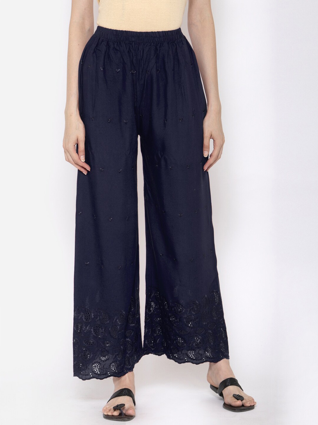 

KLOTTHE Women Embroidered Wide Leg Palazzo, Navy blue