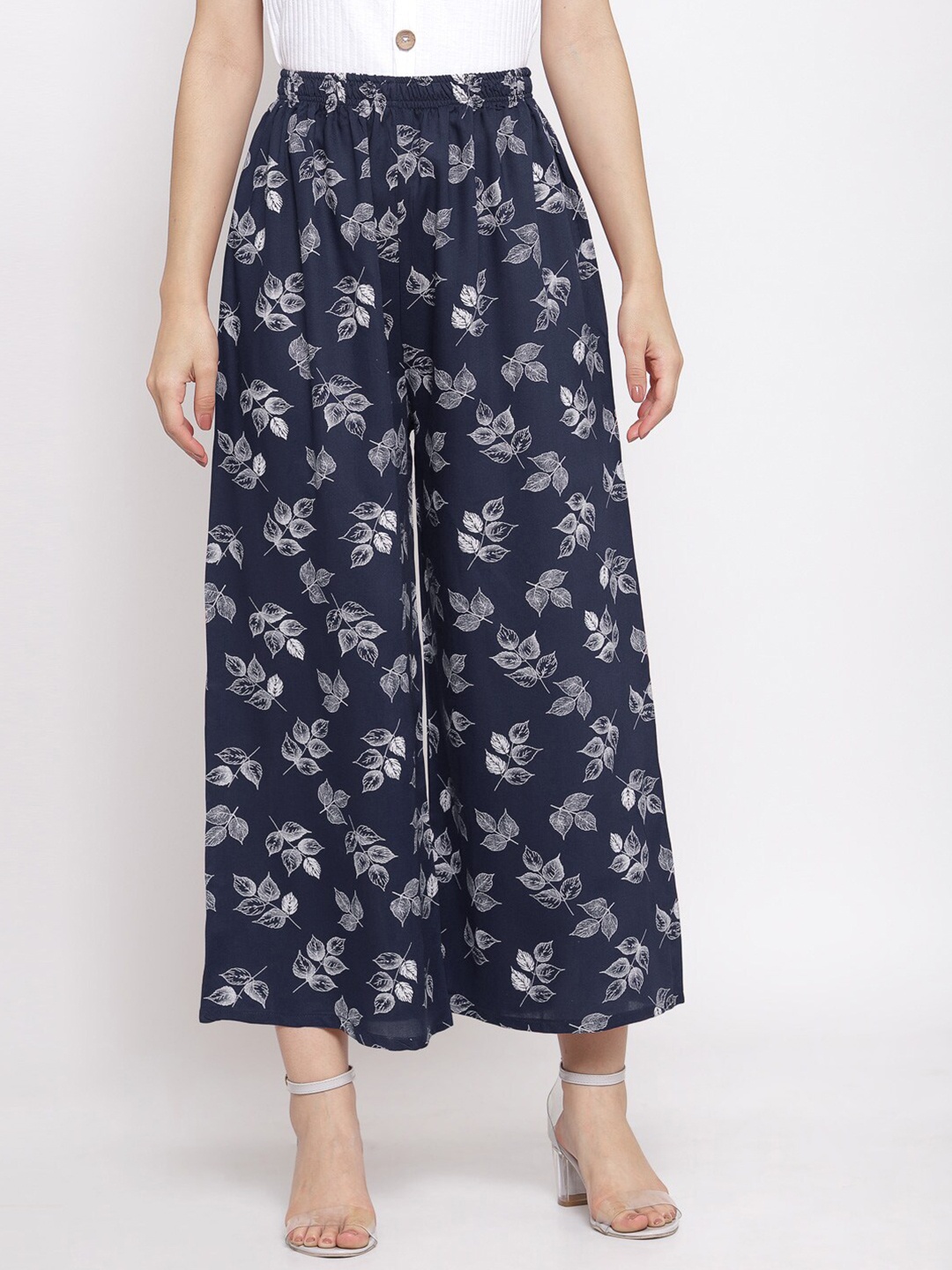 

KLOTTHE Women Printed Wide Leg Palazzo, Navy blue