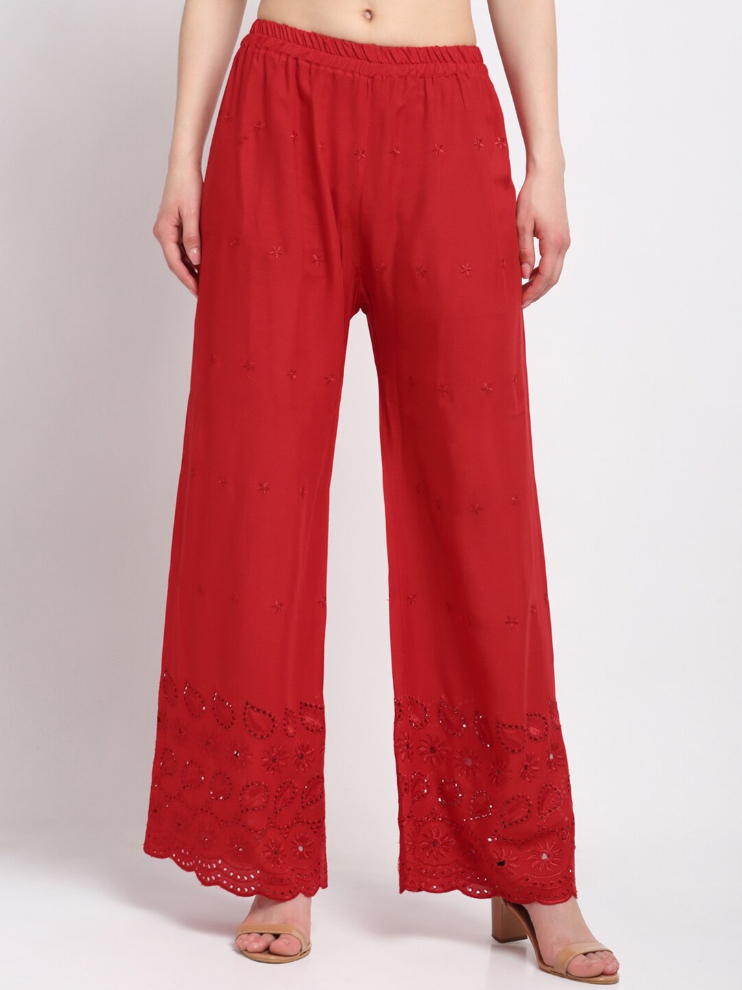 

KLOTTHE Women Floral Embroidered Wide Leg Palazzos, Red