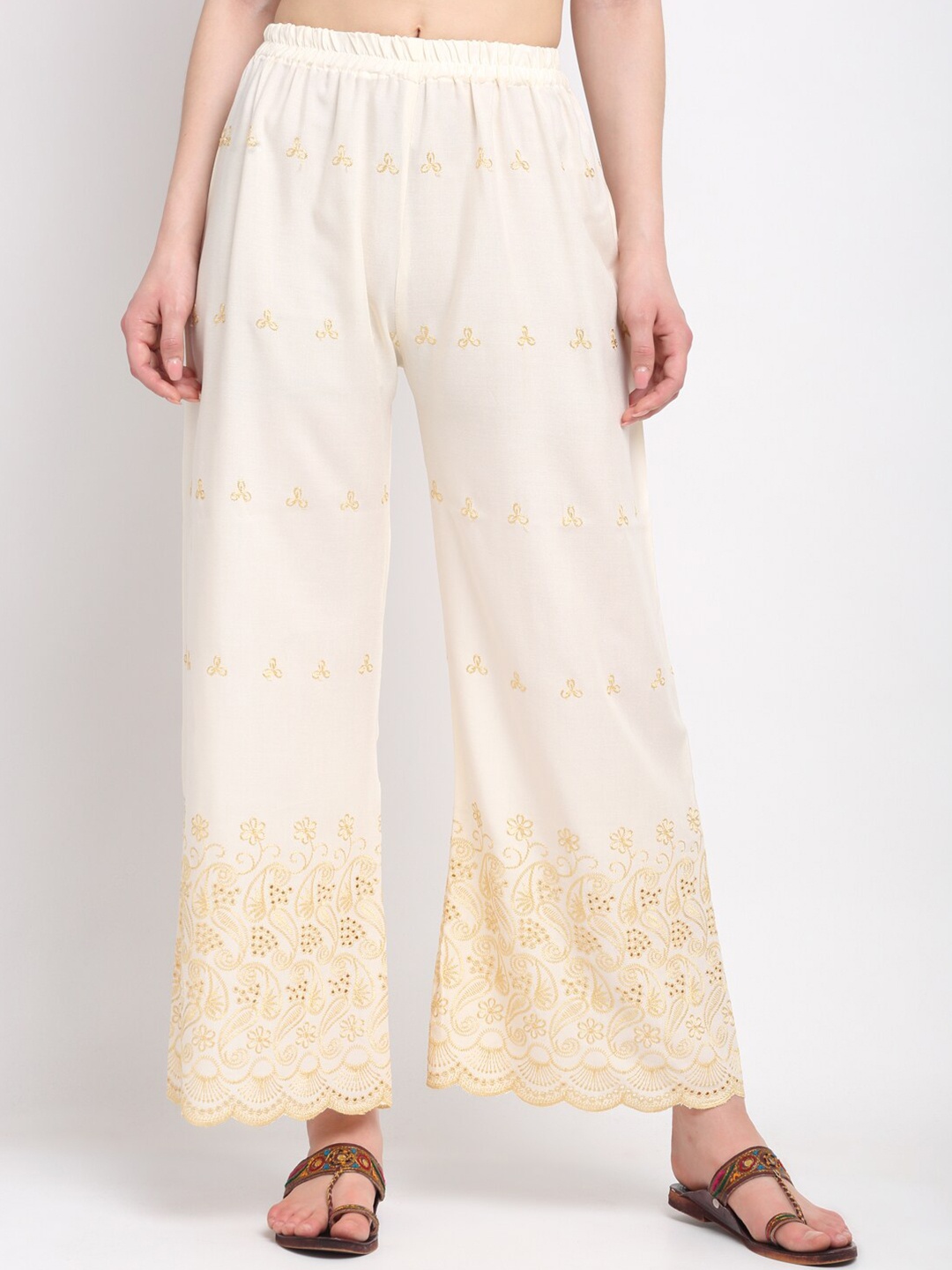 

KLOTTHE Women Embroidered Wide Leg Palazzo, Off white