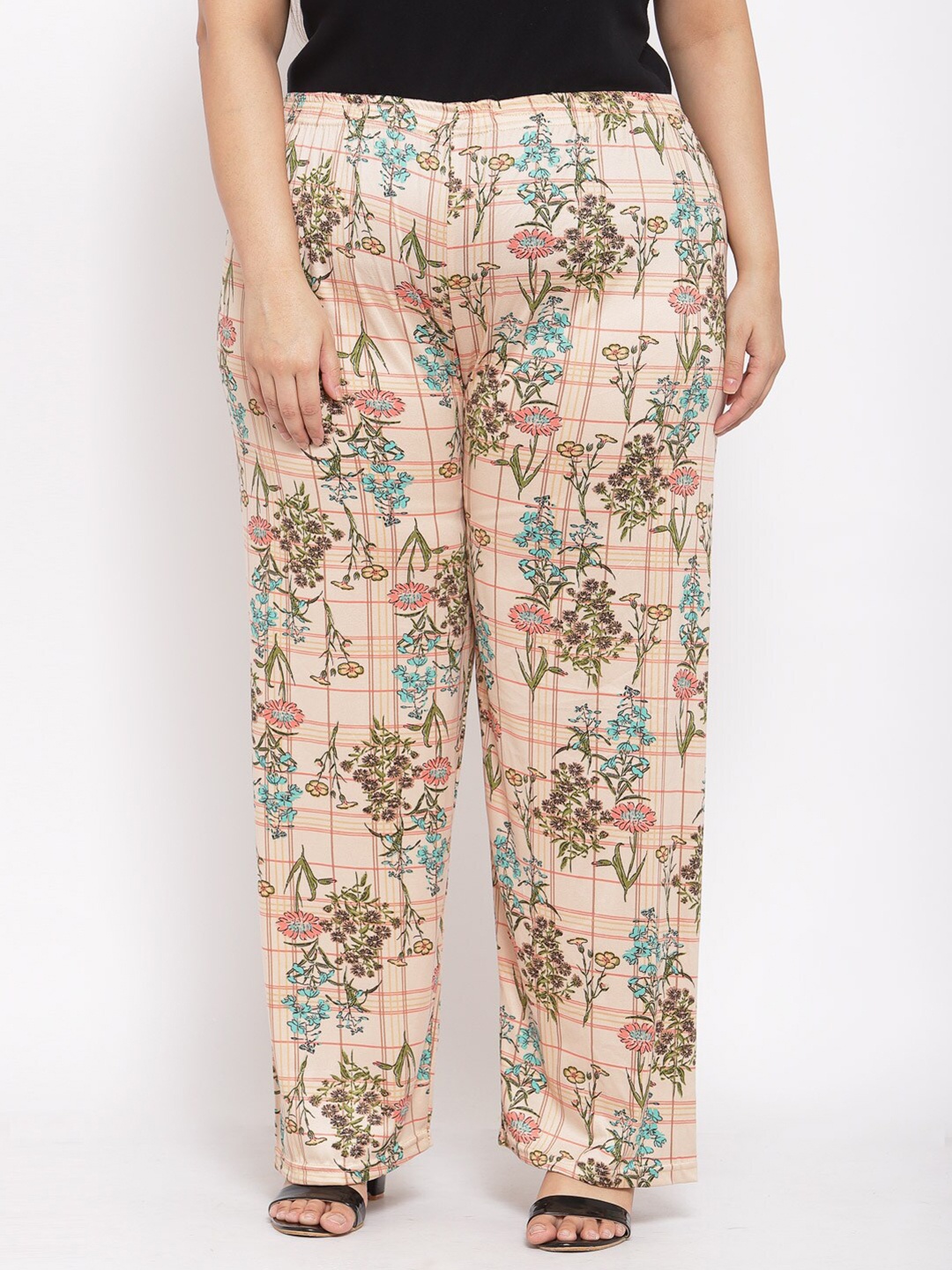 

KLOTTHE Women Plus Size Floral Printed Wide Leg Palazzo, Cream