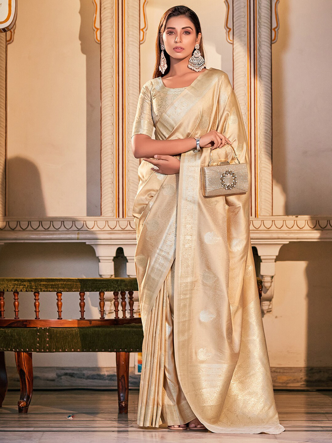 

Satrani Ethnic Motif Woven Design Zari Banarasi Saree, Beige