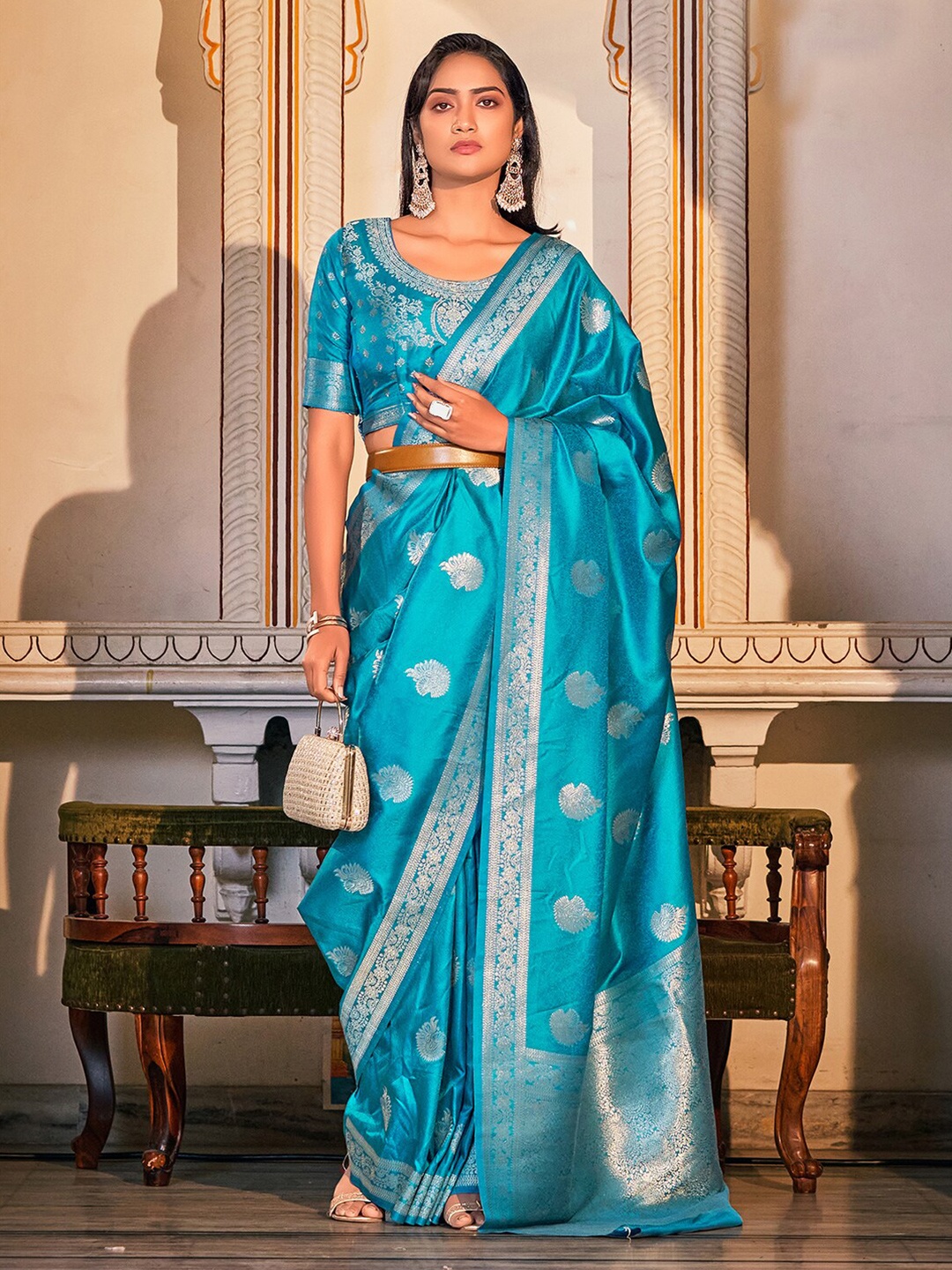 

Satrani Ethnic Motif Woven Design Zari Banarasi Saree, Turquoise blue