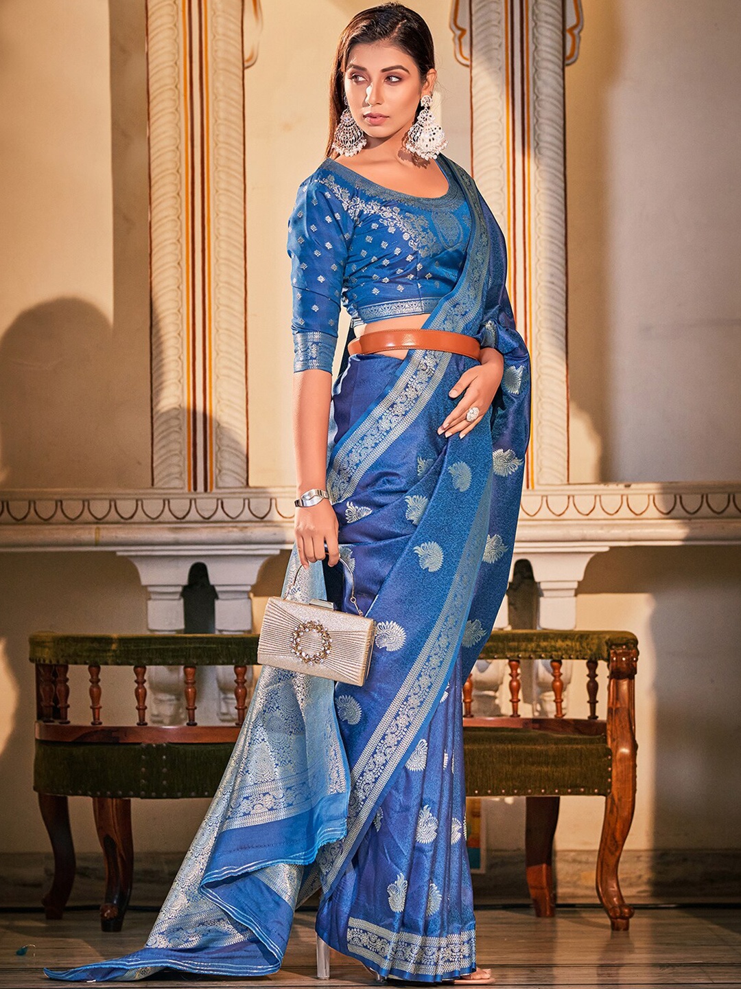 

Satrani Ethnic Motif Woven Design Zari Banarasi Saree, Blue