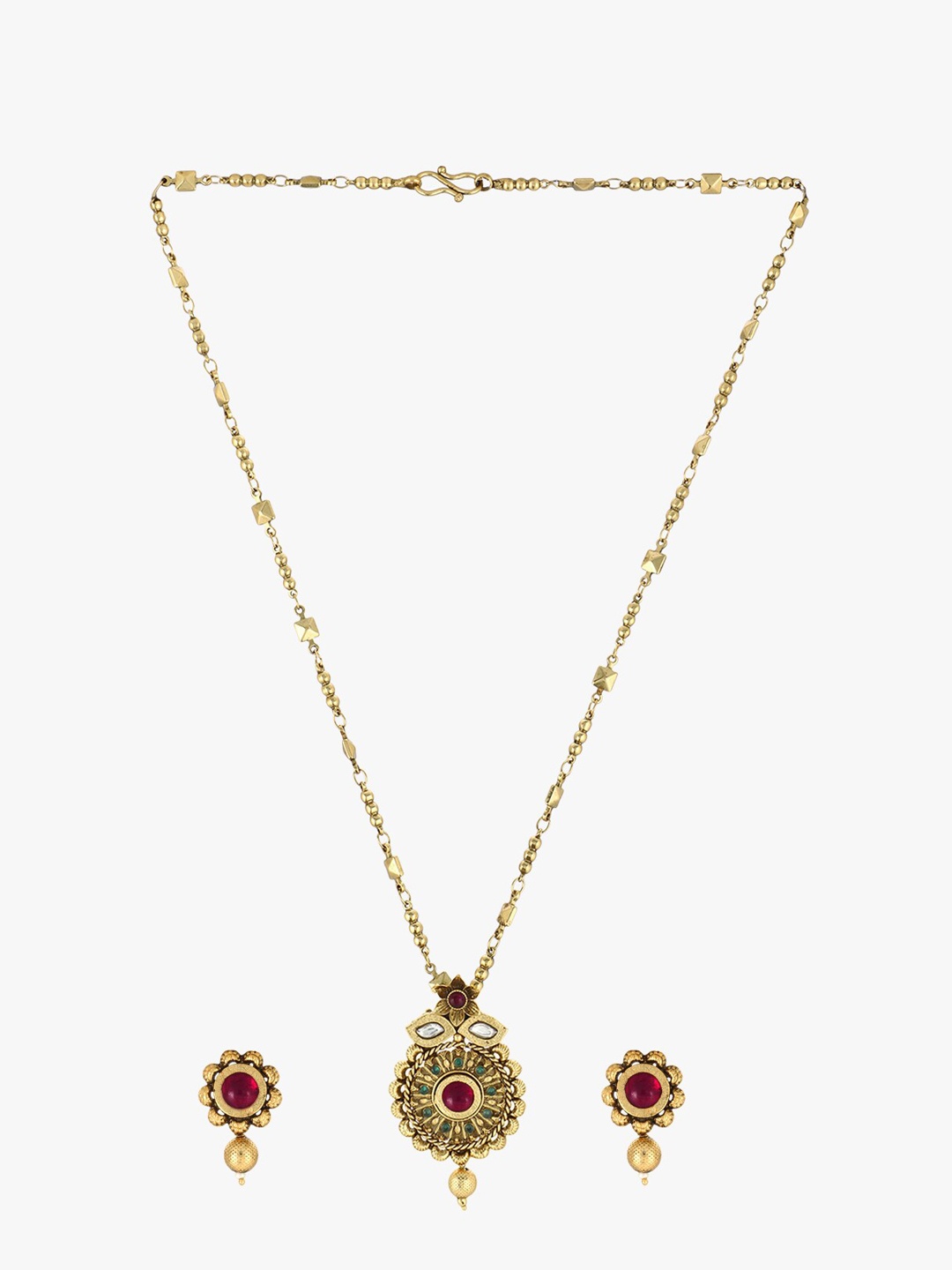 

Adwitiya Collection 24CT Gold-Plated Stone-Studded & Beaded Necklace and Earrings