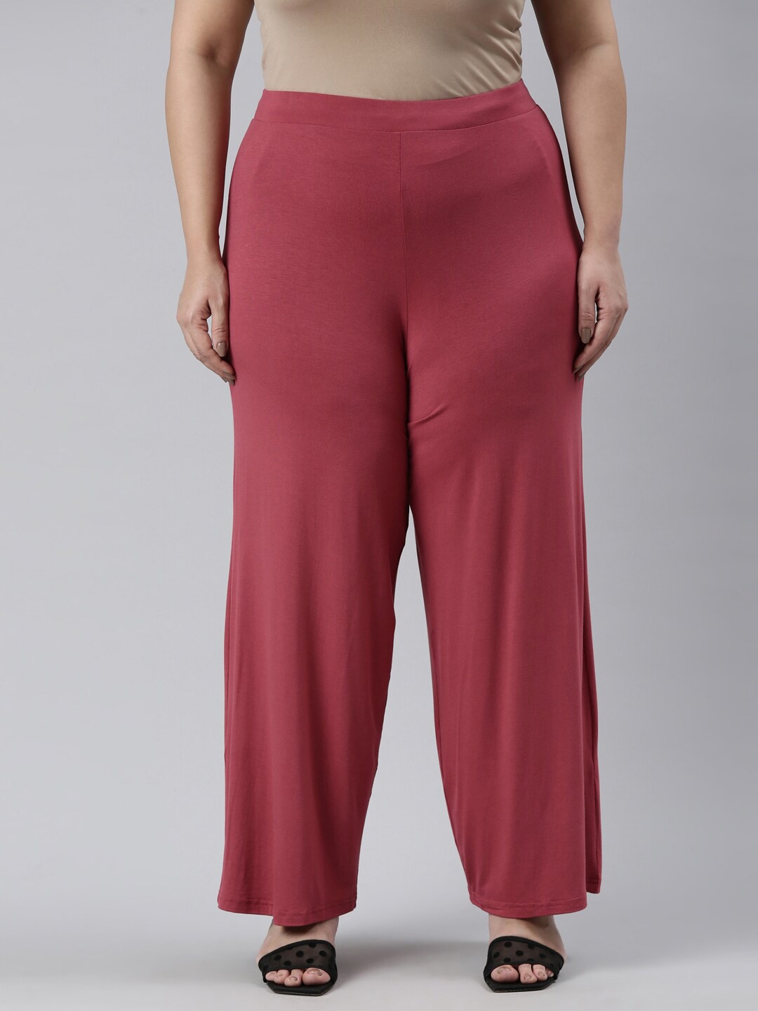

Go Colors Women Plus Size Straight Fit Knitted Palazzos, Pink