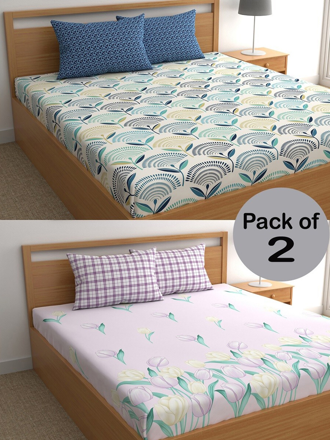 

CHHAVI INDIA Pink & Blue Floral 210 TC 2 Queen Bedsheet with 4 Pillow Covers