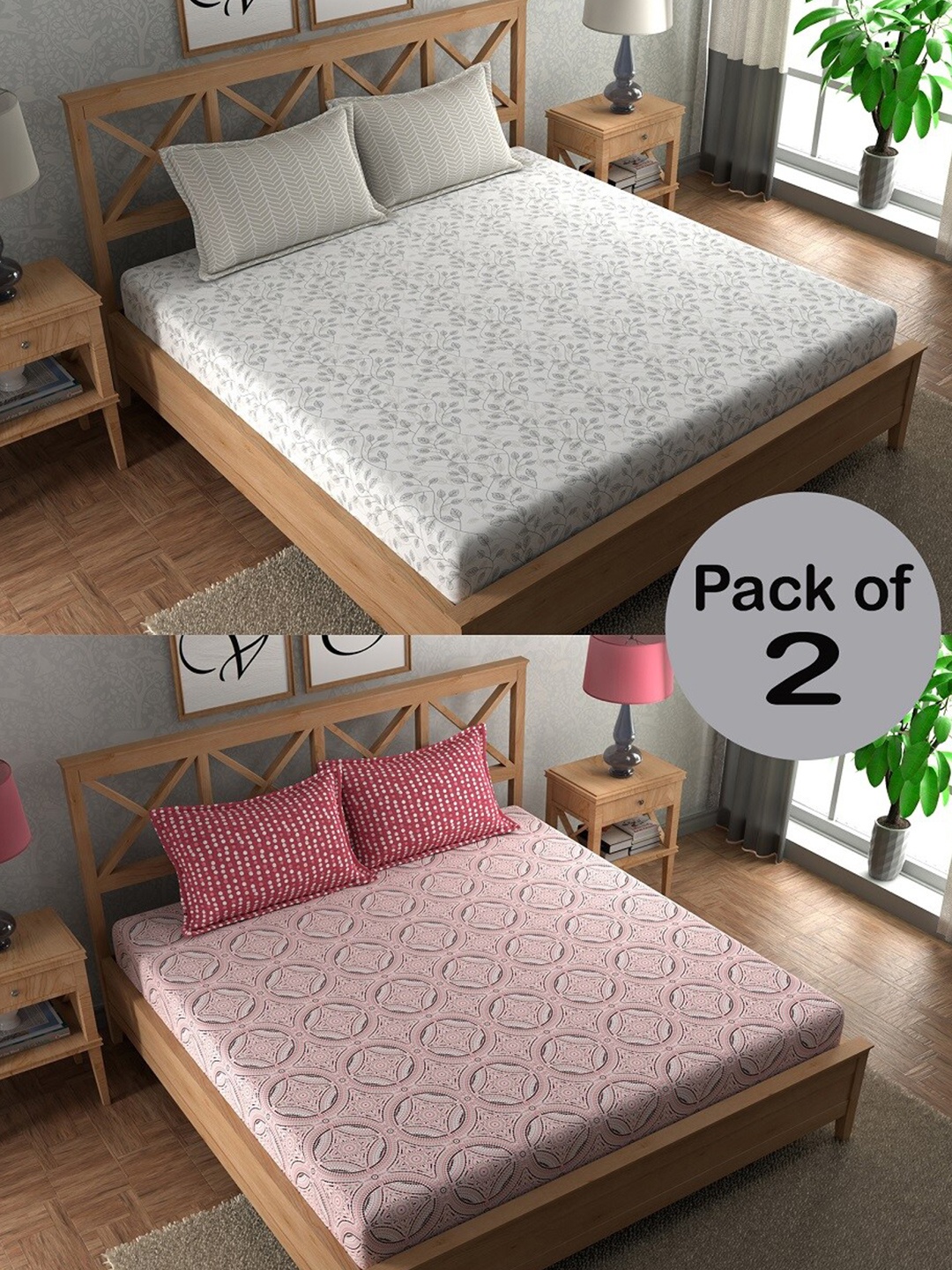 

CHHAVI INDIA Beige & Pink Printed 210 TC 2 Pcs Queen Bedsheet & 4 Pillow Covers