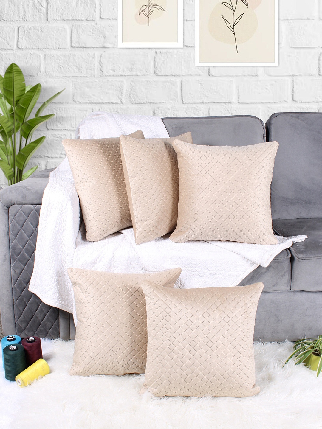 

STITCHNEST Beige 5 Pieces Velvet Square Cushion Covers
