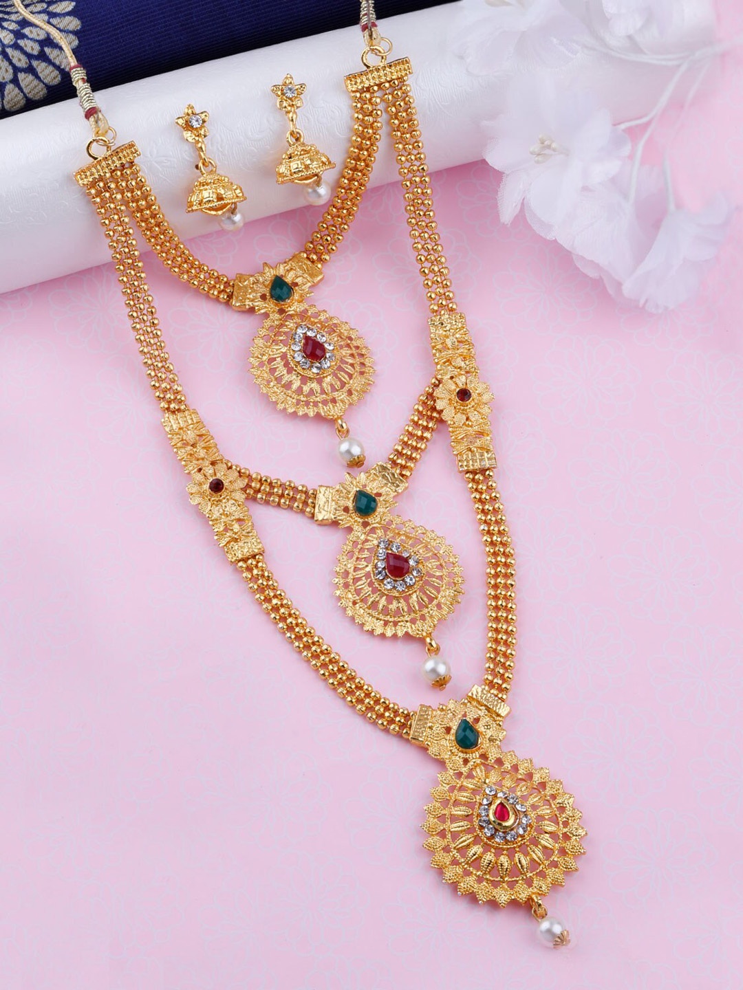 

Silver Shine Gold-Plated AD Studded & Artificial Beaded Layered Jewellery Set