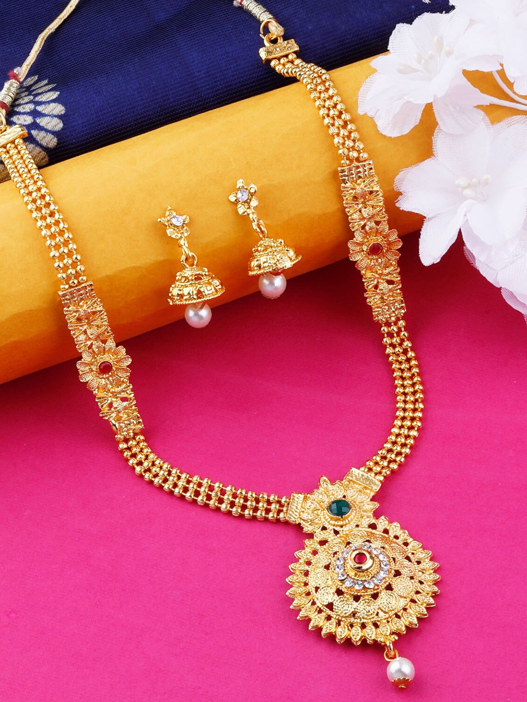 

Silver Shine Gold-Plated AD Studded & Beaded Jewellery Set